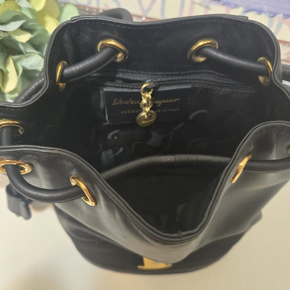 Vintage Salvatore Ferragamo Black Drawstring Leather Backpack - Picture 8 of 13